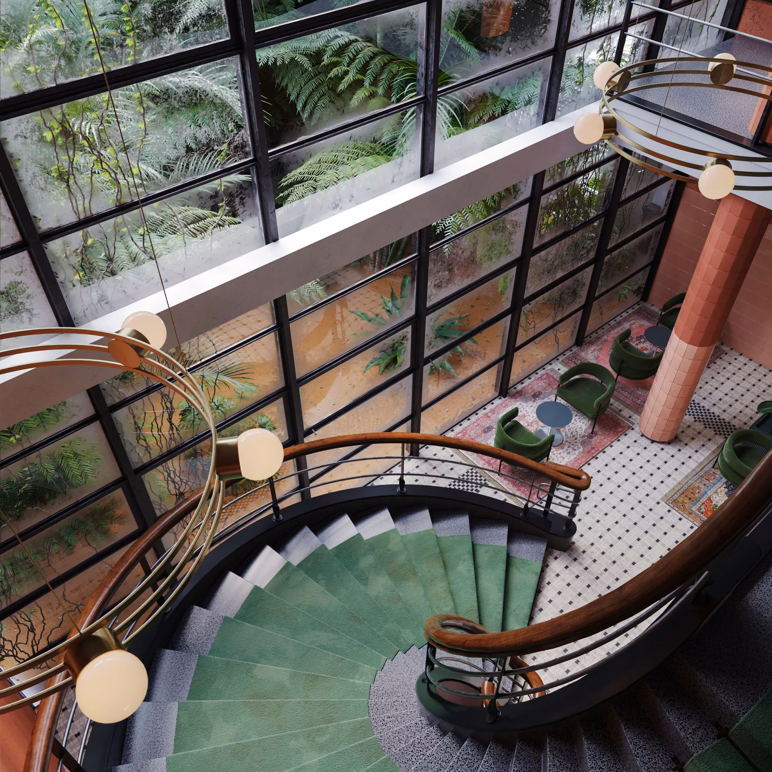3d Visualization render of a spiral staircase in the lobby of old hotel with the abandoned greenhouse