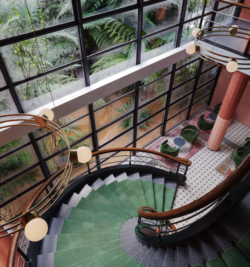 3d Visualization render of a spiral staircase in the lobby of old hotel with the abandoned greenhouse