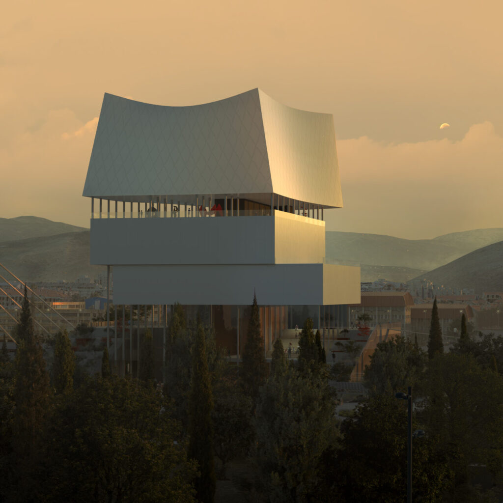 3d visualisation of a museum building after the sunset